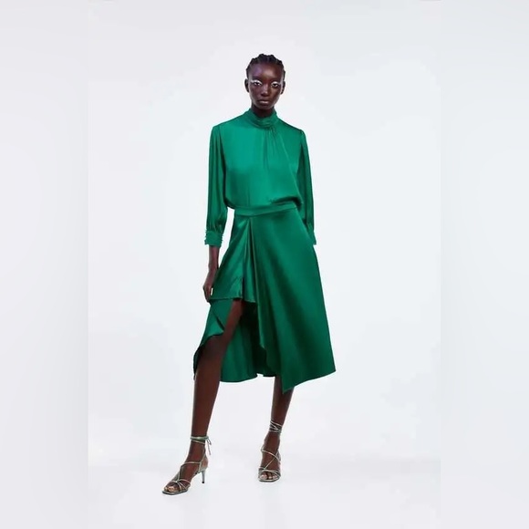 Zara Dresses & Skirts - ZARA Satin Draped Midi Skirt Size L Emerald Green